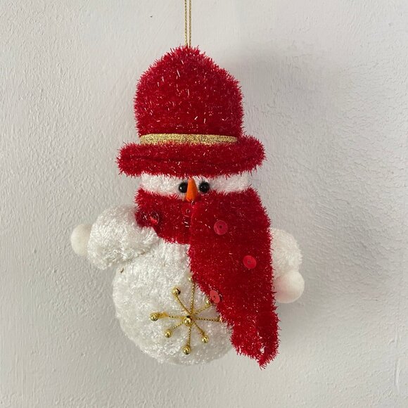 Christmas Ornament Snowman Puffy Red Chenille Scarf Gold Bead Snowflake Cute - Picture 1 of 2